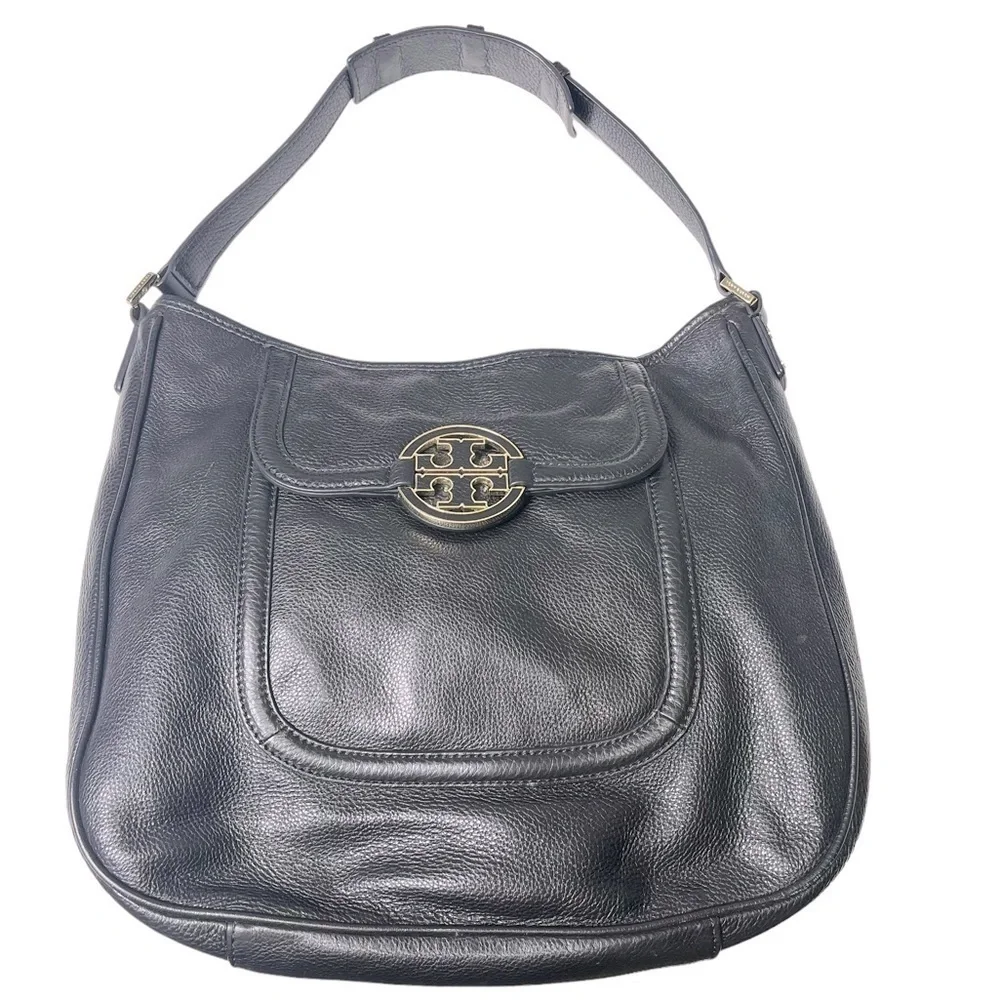 Tory Burch Black Pebble Leather Amanda Flat‎ Hobo Bag